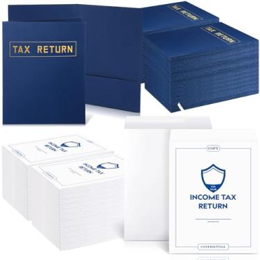 Imagem de Kosiz 400 pastas de declaração de imposto a granel com envelopes para preparadores de impostos, 2 bolsos de texto em folha dourada com envelopes para clientes que armazenam ou lidam com pessoas e