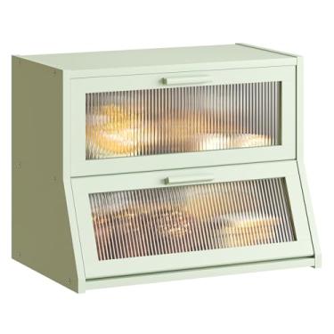 Imagem de GHWIE Caixa de pão de bambu de camada dupla para bancada de cozinha, caixa de armazenamento de pão de grande capacidade, recipiente para pão com painel de porta ondulado de acrílico (verde claro
