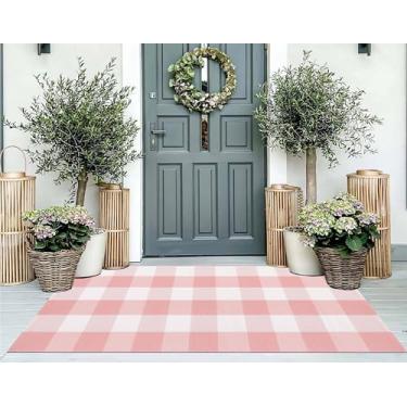 Imagem de Tapete rosa e branco para uso ao ar livre, 6 x 10 cm, xadrez búfalo, xadrez, alpendre, algodão, lavável, tapete para porta de boas-vindas, entrada, sala de jantar, quarto, sala de estar