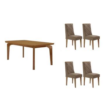 Imagem de Sala Jantar Mesa Londrina Tampo Curvo 120cm+4 Cadeiras Pietá Madeira Naturale - Capuccino/Corano Capuccino - Rufato