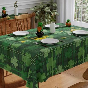 Imagem de Toalha de mesa retangular para Dia de São Patrício 152 x 300 cm, toalha de mesa lavável xadrez verde trevo Lucky St Patricks primavera férias impermeável borda recortada toalha de mesa decoração de