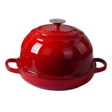 Imagem de Forma de pão de ferro fundido esmaltado forno holandês com tampa e alças de laço - vermelho - forma segura para forno para assar e cozinhar, kit de pão artesanal - forma de pão