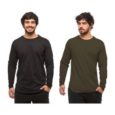 Imagem de Kit com 02 Camisetas Longline Blusa Manga Longa Comprida Oversized Masculina C2-Masculino