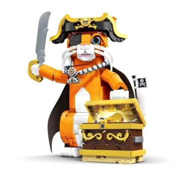 Imagem de ZONECYTD Pirate Cat Building Set with Treasure & Hat for Adults, Animal Caribbean Captain Orange Model Kit Collection for Adults - 1424PCS