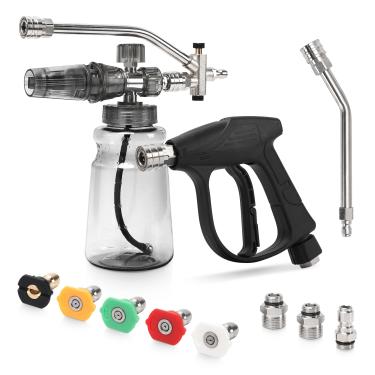 Imagem de ABOSUN Kit de canhão de espuma para lavadora de pressão, pistola de espuma de neve de conector duplo com pistola de pulverização, 5 pontas de bocal, hastes curvas, conexão rápida giratória de 0,9 cm
