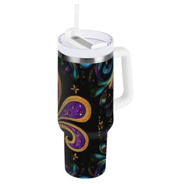 Imagem de Blueangle Copo isolado de carnaval de 850 g com alça e tampa de palha, caneca de viagem reutilizável de aço inoxidável (330)