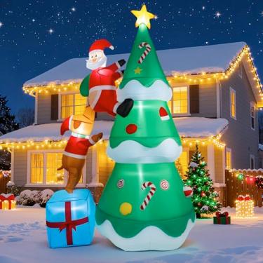 Imagem de Árvore de Natal inflável de 2,5 m com cachorro e papai noel, decorações de quintal infláveis de Natal gigantes com luzes de LED, decorações externas infláveis de Natal gigantes para festa, pátio