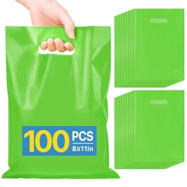 Imagem de ANZNKU 100 peças de sacolas verdes de lembrancinhas de festa 20 x 28 cm, bolsa de presente para artesanato de joias de doces, sacolas de presente de plástico com alças cortadas em matriz para