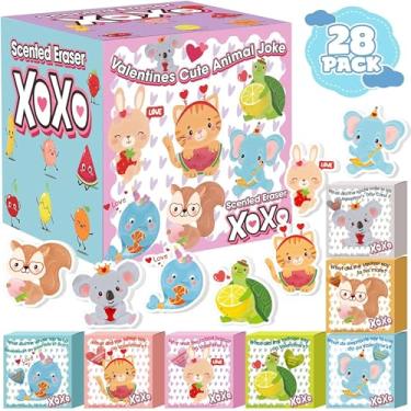 Imagem de Peabownn Valentines Day Cards for Kids Classroom - 28 Pack Kids Valentines Day Gifts Animal Jokes Box with Scented Erasers for Boys Girls Children