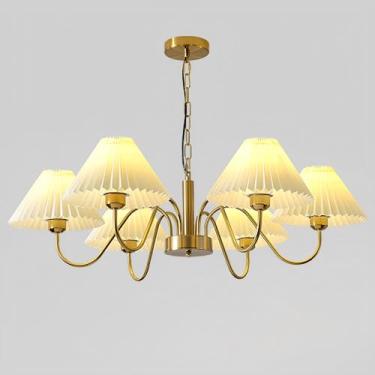 Imagem de Lustre moderno dourado para interiores com cúpula de tecido plissado, ideal para cozinha, quarto, escritório, sala de estar, sala de estudos e sala de jantar. Iluminação pendente.