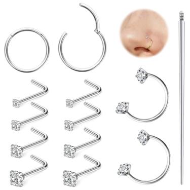 Imagem de Hoeudjo Anel de nariz em ferradura 18G de aço cirúrgico, argolas articuladas para nariz para mulheres, brincos de nariz 1,5 mm/2 mm/2,5 mm/3 mm de zircônia cúbica e parafuso e anel de narina em forma