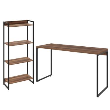 Imagem de Kit Escritório Estante Areta 4 Prateleiras com Mesa Industrial Aspen 135cm C01 Nogal - Lyam Decor