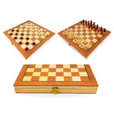 Imagem de Jogo de Xadrez e Dama Caixa Tabuleiro de Madeira Dobrável 2 em 1 Grande 37,5x38,5cm Hoyle Games