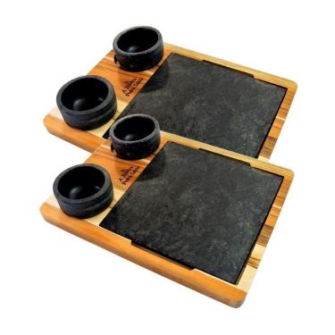 Imagem de Kit 2 Tábua 04 Molheiras Em Pedra Sabão E Suporte P 20x20cm