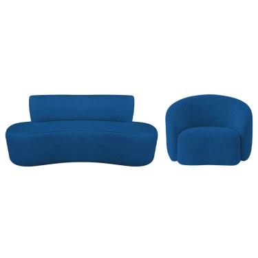 Imagem de Kit Recamier Curvo Amsterdã 200cm E Poltrona Amore Luxo Linho Cor Azul Royal
