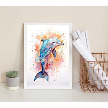 Imagem de Quadro Decorativo Golfinho Colorido- Aquarela 33X24Cm