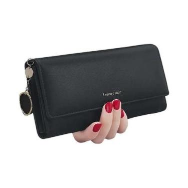 Imagem de Carteira Feminina Longa De Couro Tripartida Com Estampa De Letras, Por