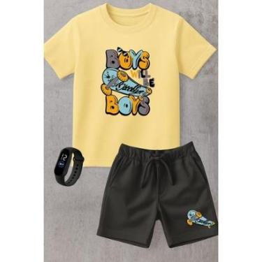 Imagem de Kit Conjunto Infantil Moletinho Camiseta e Short Moda Verão Skate Street Brooklyn com Relógio-Unissex