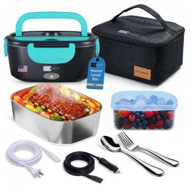 Imagem de Marmita Elétrica Portátil 3 em 1 com Recipiente de Aço Inoxidável e Acessórios, 12V 110V 60W, Forabest, Azul Marinho e Verde