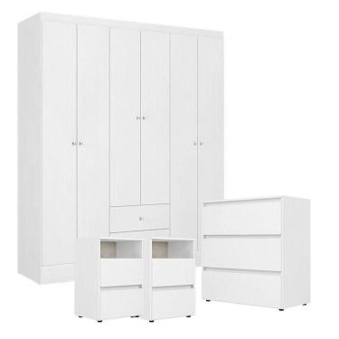 Imagem de Guarda Roupa Casal Astro 6 Portas Com Cômoda Condessa E 2 Mesas De Cabeceira Condessa Branco - Thb