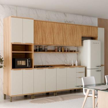 Imagem de Armário de Cozinha Modulada com Balcão e Tampo 16 Portas 3 Gavetas Nice 100% Mdf Amêndoa/Off White - Pnr Móveis