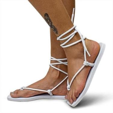 Imagem de Sandália Rasteira Feminina de Amarrar Bico Quadrado Modernidade Inovação Lançamento Branco-Feminino