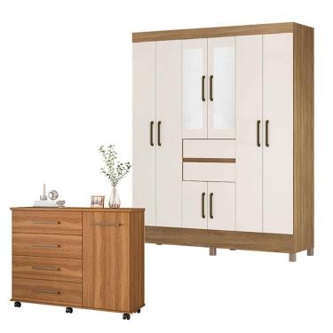 Imagem de Cômoda Flora e Guarda Roupa Casal Munique Amêndola Off White com Espelho - Demóbile