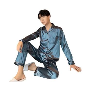 Imagem de Conjunto De Pijamas De Seda Satin plus Size Em Cor Sólida Com Botões P