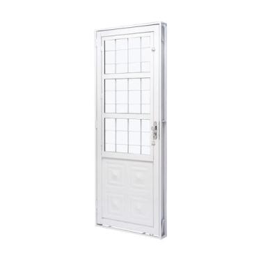 Imagem de Porta de Aço com Postigo 215x83cm com Grade Quadriculada e Vidro Liso 