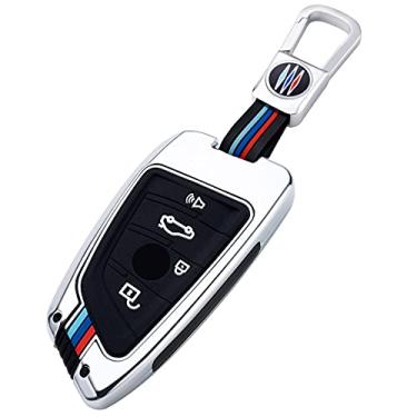 Imagem de Hacreyatu Chaveiro de liga de zinco para chave Fob Cover para B-MW G01 G02 G30 X1 X3 X4 X5 G05 X6 Série 7 G11 F48 F39 520 525 f30 118i 320i (Prata, 4 Botões-Trompa)