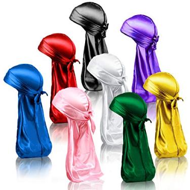 Imagem de LEADUWAY 8 peças Durag sedoso, Durag de seda para homens e mulheres, lenço de cetim para 360 ondas, pacote Durags com cauda extra longa e alças largas