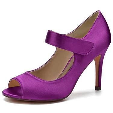Imagem de Sapatos de noiva de cetim feminino, sapatos peep toe de salto agulha alto marfim 35-43,Purple,2 UK/35 EU