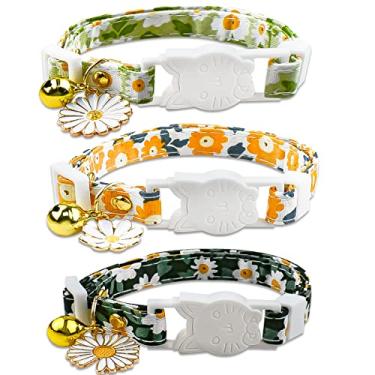 Imagem de Pacote com 3 coleiras florais de gato com sino ajustável coleira de gatinho de segurança conjunto de coleiras de gato pingentes de flores coleira de animal de estimação para gatos gatinho cachorro cachorro bonito padrão margarida coleira de gato primavera