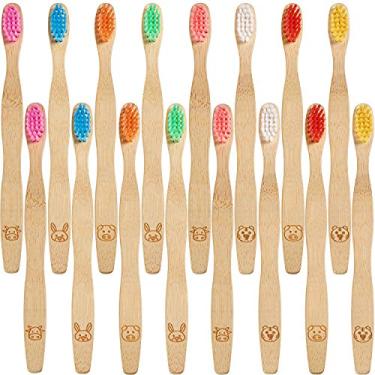 Imagem de Escova de dentes de bambu para crianças com 16 peças, escova de dentes de madeira natural, escova de dentes ecológica para crianças, escova de dentes com cerdas coloridas e alças de design ergonômico de animais para crianças