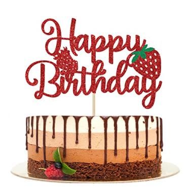 Imagem de Strawberry Happy Birthday Cake Topper Red Glitter, Strawberry Theme Birthday Party Decoration, Berry Sweet Party Summer Fruit Themed Party Decorations