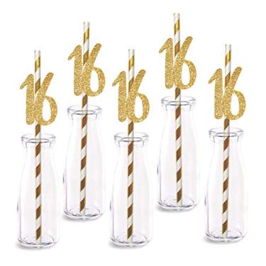 Imagem de Decoração de canudo de papel para aniversário de 16 anos, pacote com 24 números de corte de glitter dourado real Happy 16 anos canudos decorativos de festa