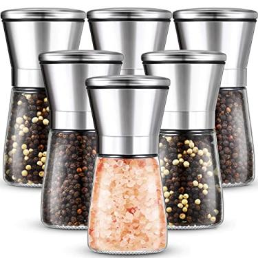 Imagem de Conjunto de 6 moedores de sal e pimenta de aço inoxidável moedor de sal marinho de cerâmica sal e pimenteiro com espessura ajustável recarregável moedor de pimenta moedor de pimenta de vidro moedor de pimenta 178 g moedor de sal moedor de especiarias