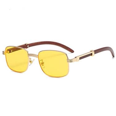 Imagem de Óculos de sol com armação de metal de grão de madeira quadrado vintage para mulheres moda lente clara elegante óculos de sol masculino hip hop, amarelo ouro, sem estojo