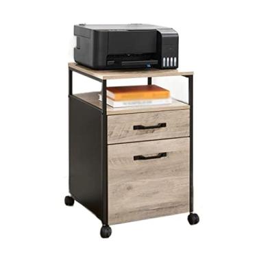 Imagem de KIZQYN Suporte de impressora estilo industrial rolante para impressora de arquivos suporte prateleira armário de escritório sobre rodas com 2 gavetas prateleira aberta pastas de arquivos suspensas Impressora de mesa
