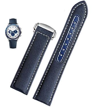 Imagem de SKM Pulseira de relógio de lona de 19mm 20mm para Omega New Seamaster 300 Speedmaster AT150 pulseira de relógio de nylon de couro acessórios masculinos azul preto (cor: azul branco aço, tamanho: 19mm)