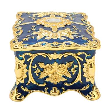 Imagem de Baú do Tesouro, Caixa de Joias Vintage Elegante de Camada Dupla para Mesa de Maquiagem (Azul Dourado)