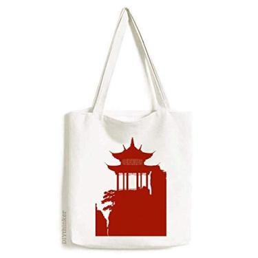 Imagem de China Pavilion Mountain Outline Illustration Tote Canvas Bag Shopping Satchel Casual Bolsa
