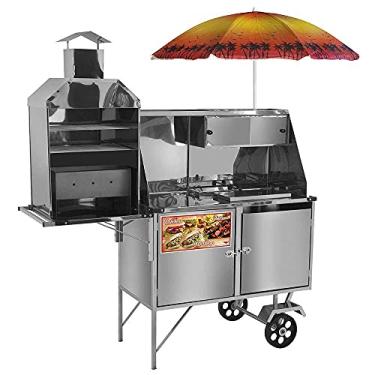 Imagem de Carrinho Hot Dog Cachorro Quente Lanche Churrasco Luxo Inox, Rodas Maciças, Chapa, Guarda Sol, 4 Molheiras - Lc11m/gs