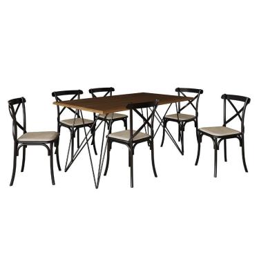 Imagem de Mesa De Jantar Industrial Com 6 Cadeiras Katrina Preto Trama Premium Amêndoa 150 Cm - Cor: Marrom