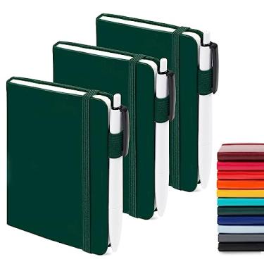 Imagem de feela Pacote com 3 cadernos de bolso com 3 canetas pretas, mini caderno pequeno A6 de capa dura com suporte de caneta para material escolar de escritório, 8,9 cm x 14 cm, verde escuro