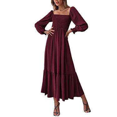 Imagem de Vestido maxi decote quadrado, vestido maxi feminino cintura alta cor pura aberto nas costas para férias Vinho vermelho M