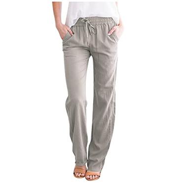 Imagem de BFAFEN Calça feminina de linho, perna reta, cintura elástica, cordão, calça longa, casual, solta, com bolsos, Calças de linho cinza para mulheres, 3G