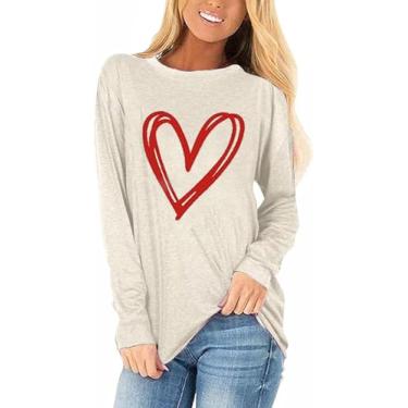 Imagem de Woffccrd Camisetas femininas Love Heart de manga comprida com gola redonda e estampa de gnomos de coração xadrez casual, Bege 2, G