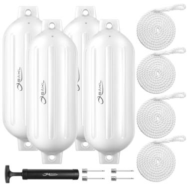 Imagem de OBAKL Pacote com 4 para-lamas para barco, 25,4 x 76,6 cm com nervuras de olhos gêmeos, para-lamas de barco para ancoragem, vem com cordas e bomba para inflar (branco)