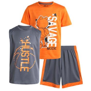 Imagem de Pro Athlete Conjunto de shorts ativos para meninos – Camiseta Dry Fit de 3 peças, regata e shorts de basquete (8-16), Laranja/Cinza Savage, 8